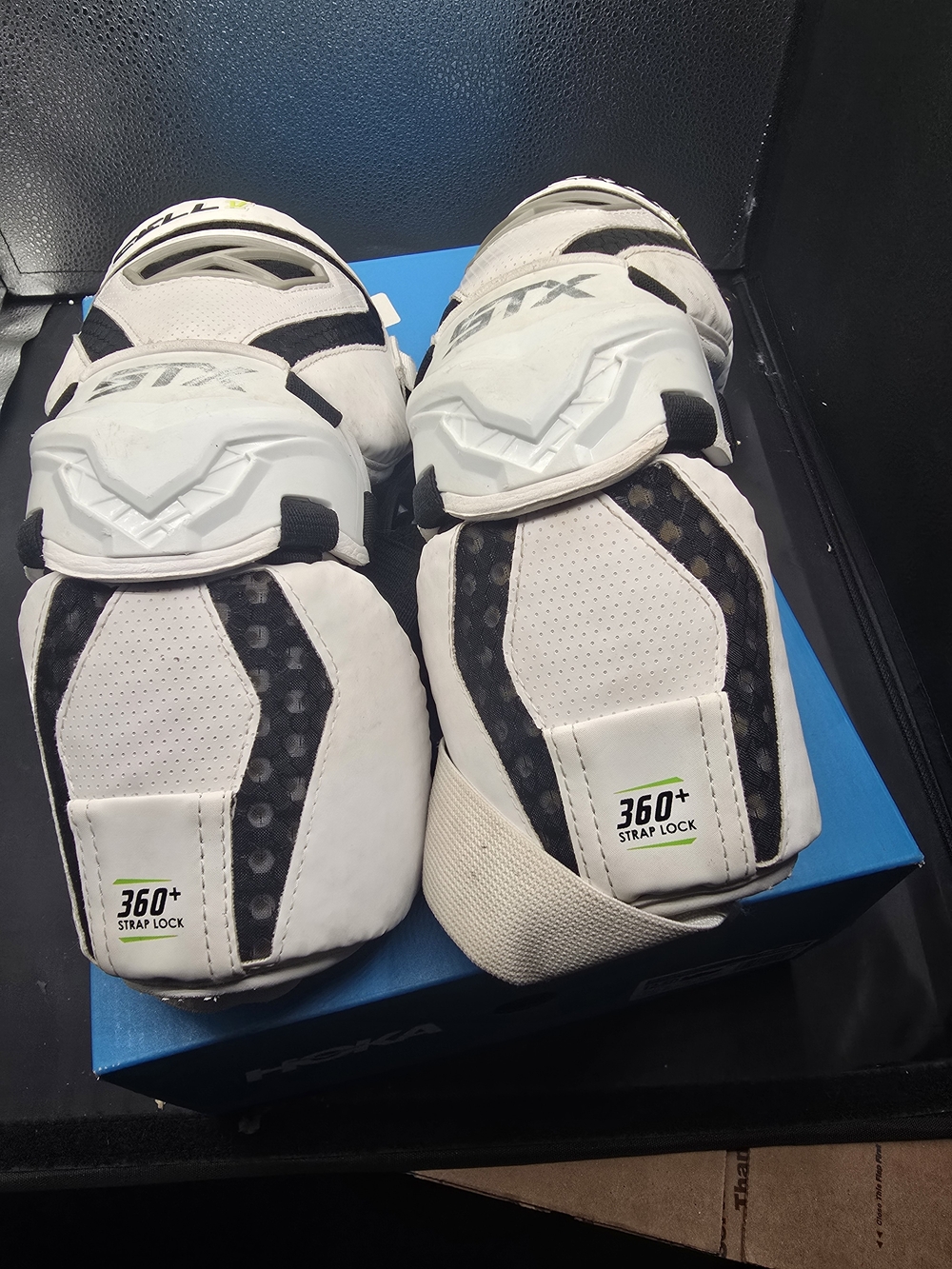 White & Black Kids Lacrosse Arm Pads with 360+ Strap Lock